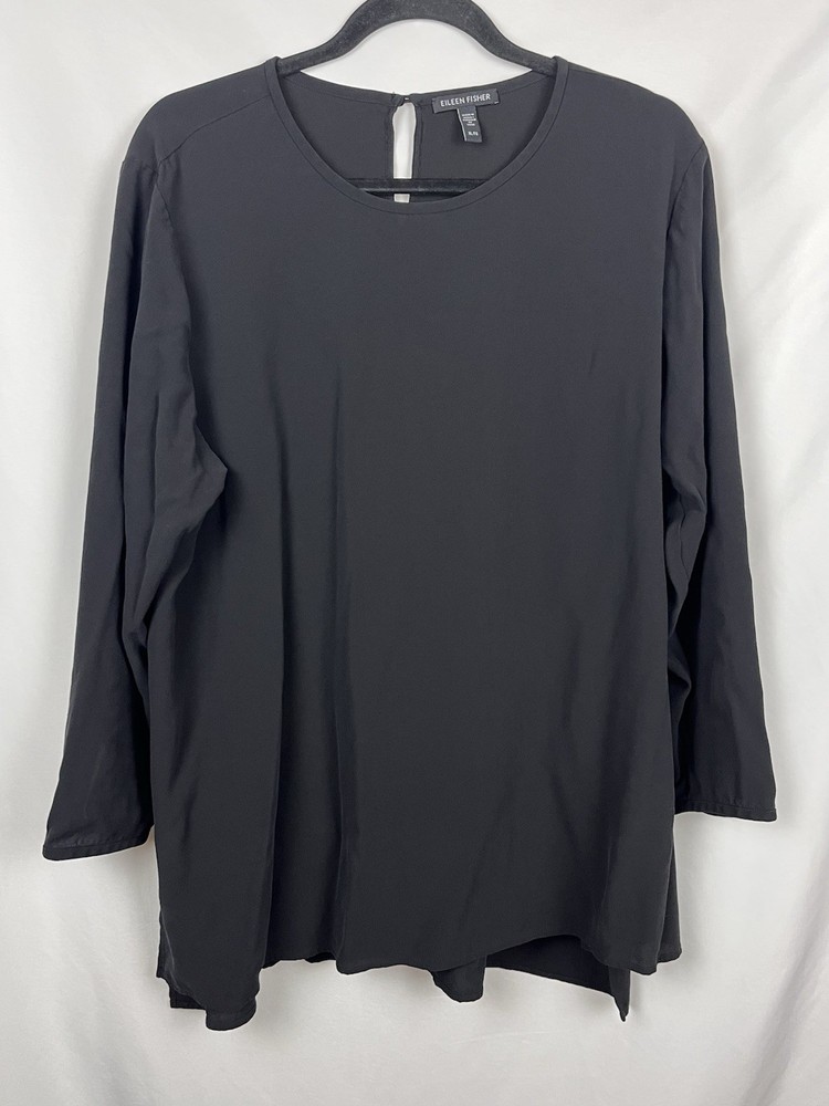 EILEEN FISHER XL Black 100% Silk Georgette Tunic Long Sleeve Blouse Lagenlook