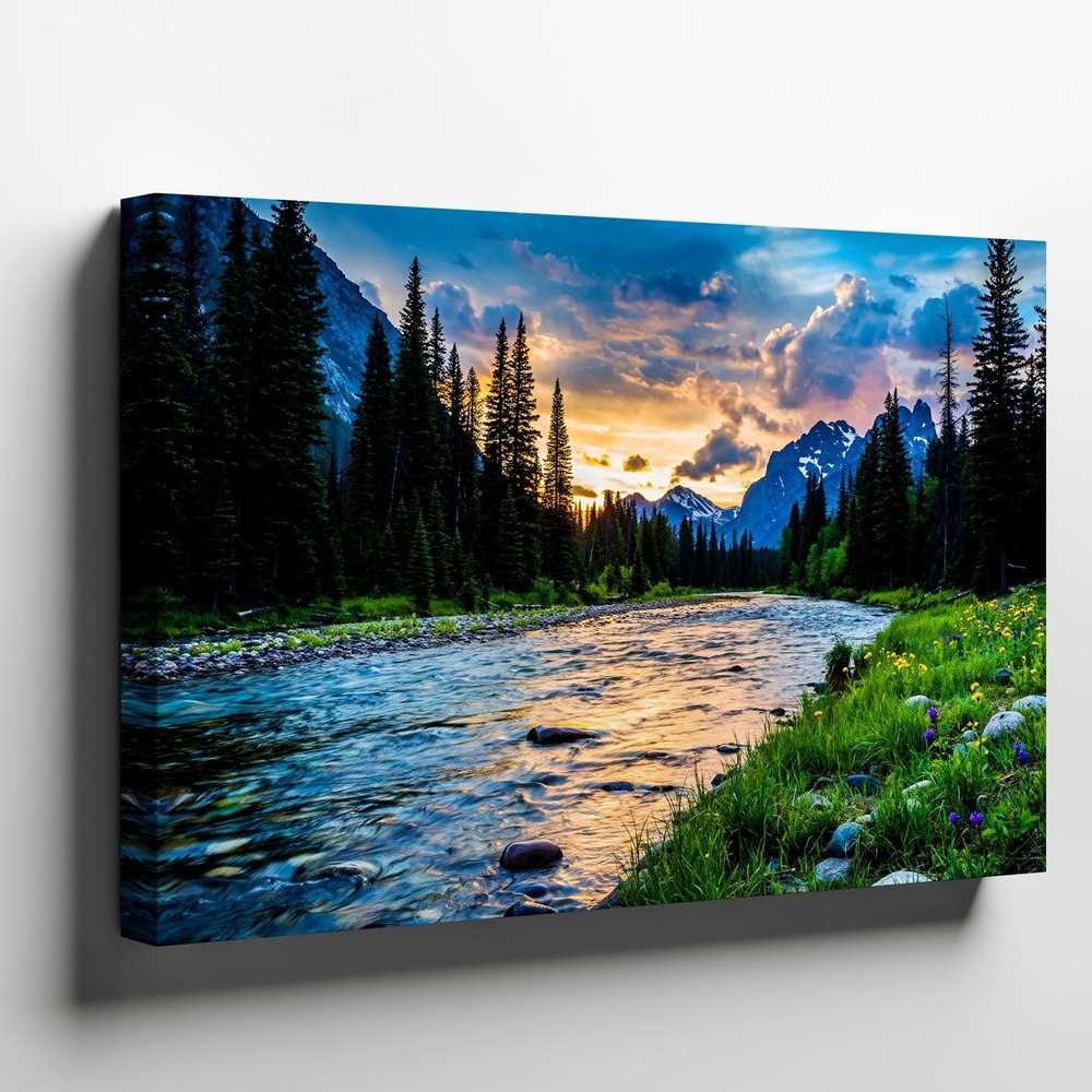 Breathtaking Landscape At Sunset, Featuring A Winding River Flowing Wall Art