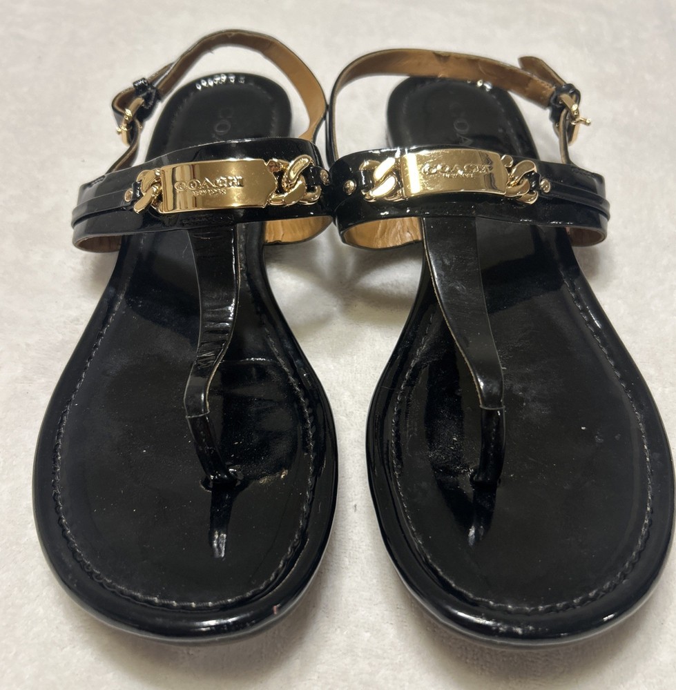 COACH Sandals Flats 9 B Caterine Black Patent Leather T-Strap Thong Sling Back