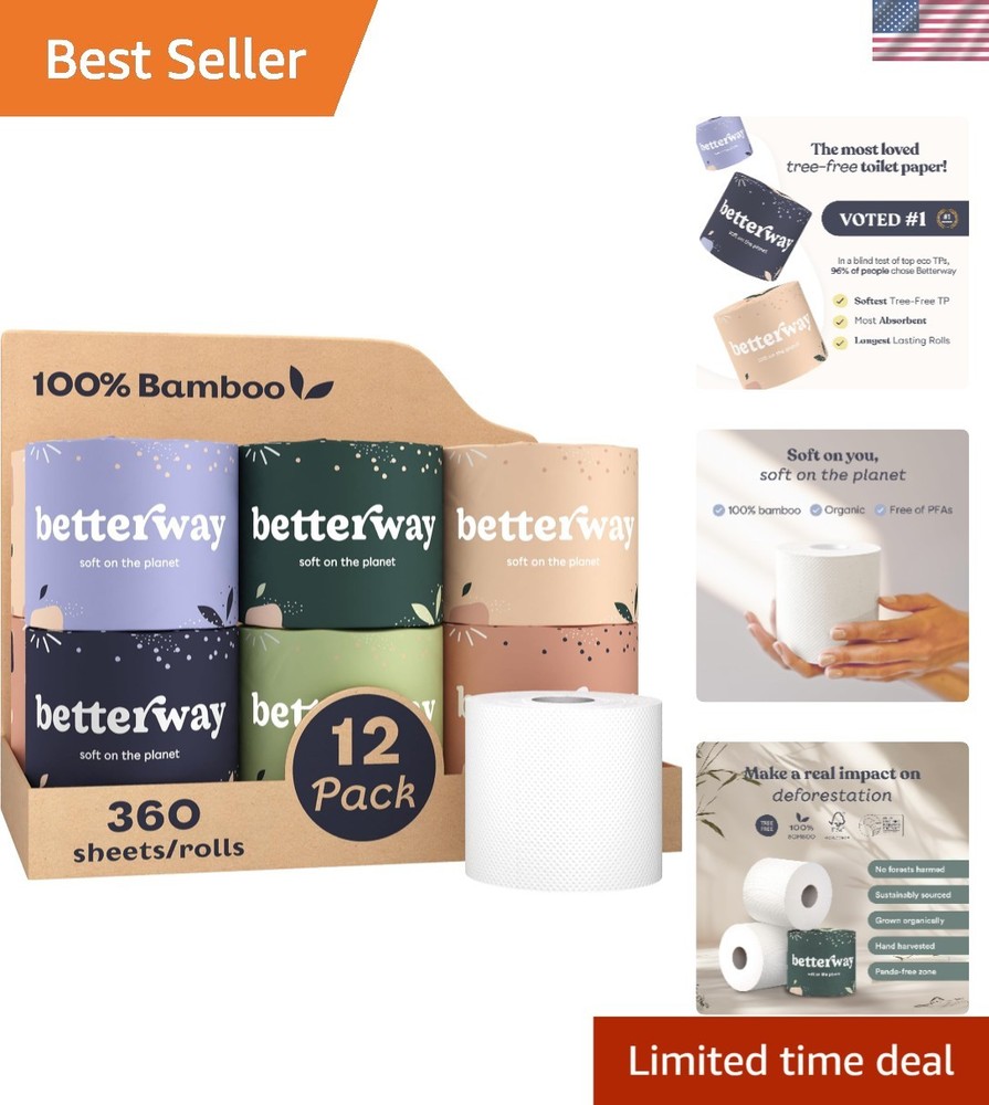 Organic Bamboo Toilet Paper - 12 Rolls, 360 Sheets Each - Soft & Sustainable
