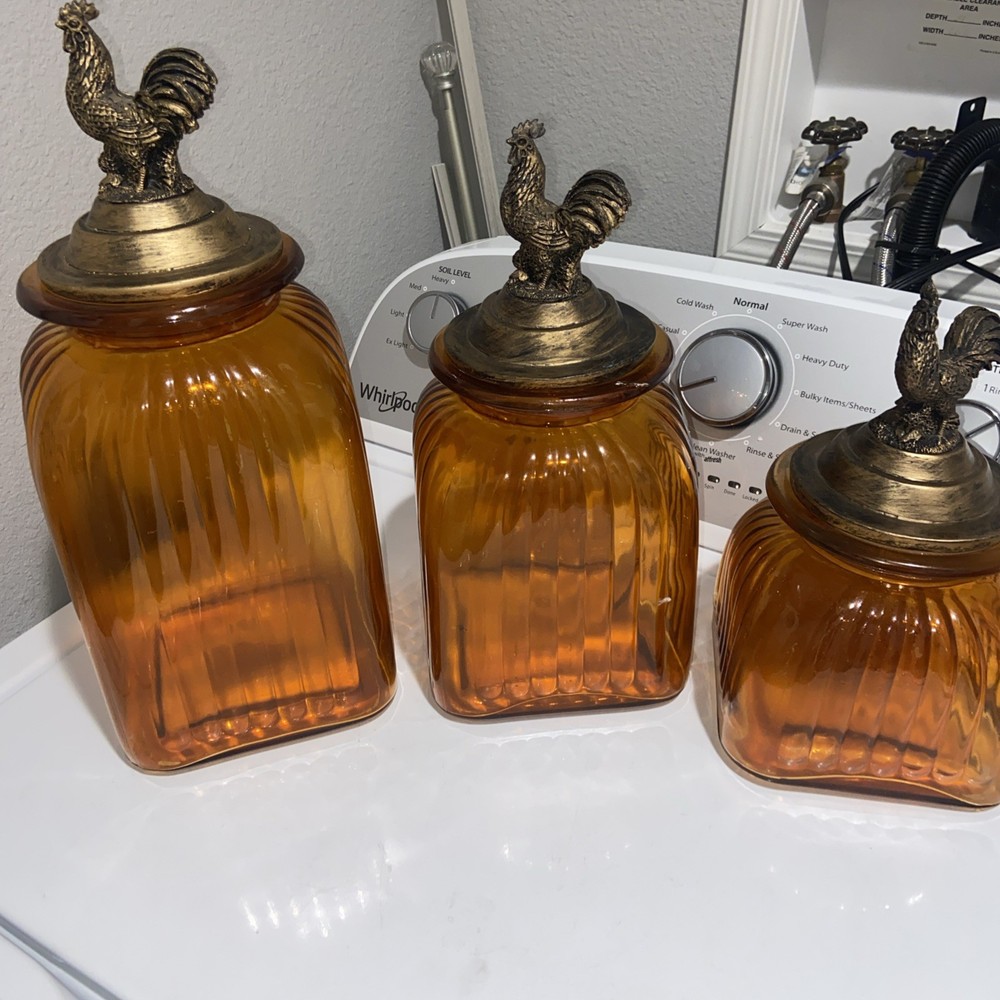 Set Of  3 Vintage Amber Glass Canisters