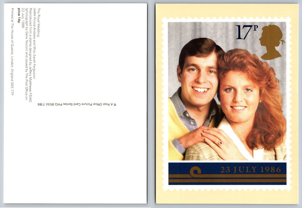 1986 Royal Wedding Prince Andrew Sarah Ferguson Post Office PHQ Card UK