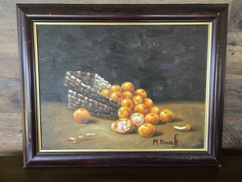 Vintage Still Life Oil Painting Oranges Basket Signed M Novak Framed Artwork