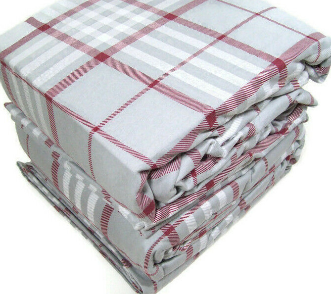 Cuddl Duds Heavyweight Cotton Flannel Gray Red Plaid Queen Sheet Set New