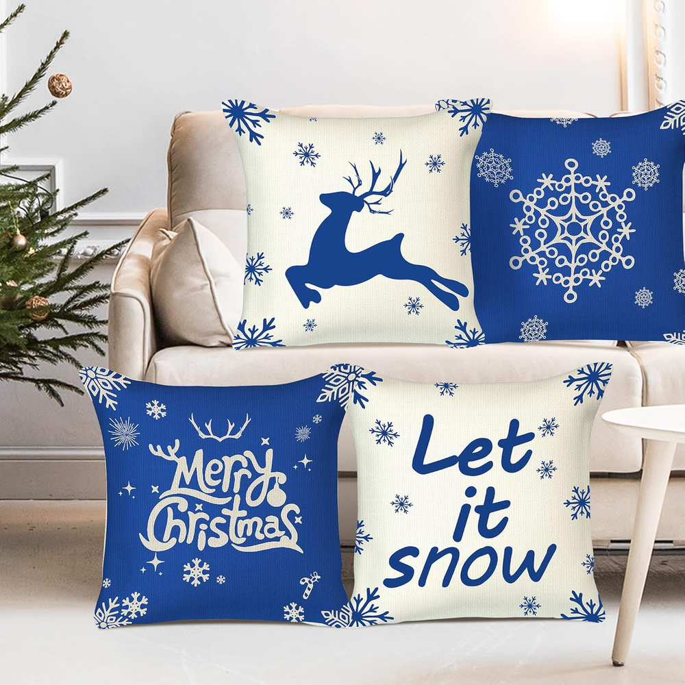 Christmas Pillow Covers 18X18 Inches Set of 4, Christmas Decorations Blue Snowfl