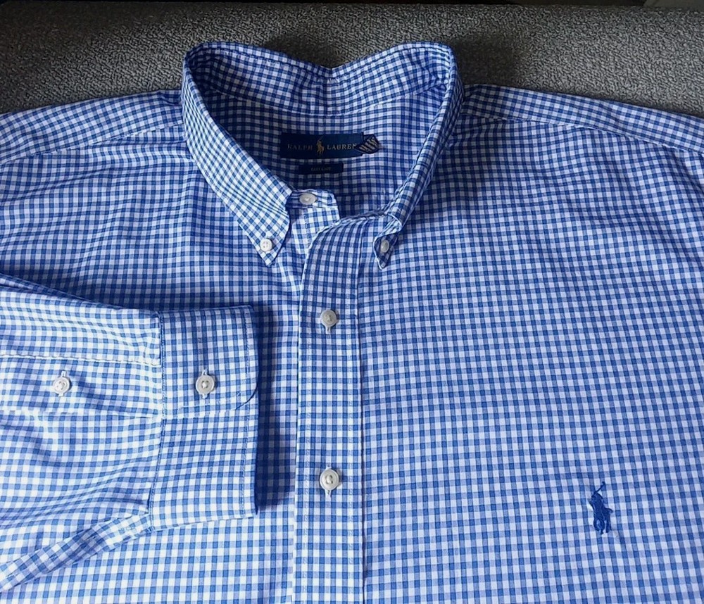 Polo Ralph Lauren Shirt Men's 4XB Blue Gingahm Plaid Lightweight Long Sleeve EUC