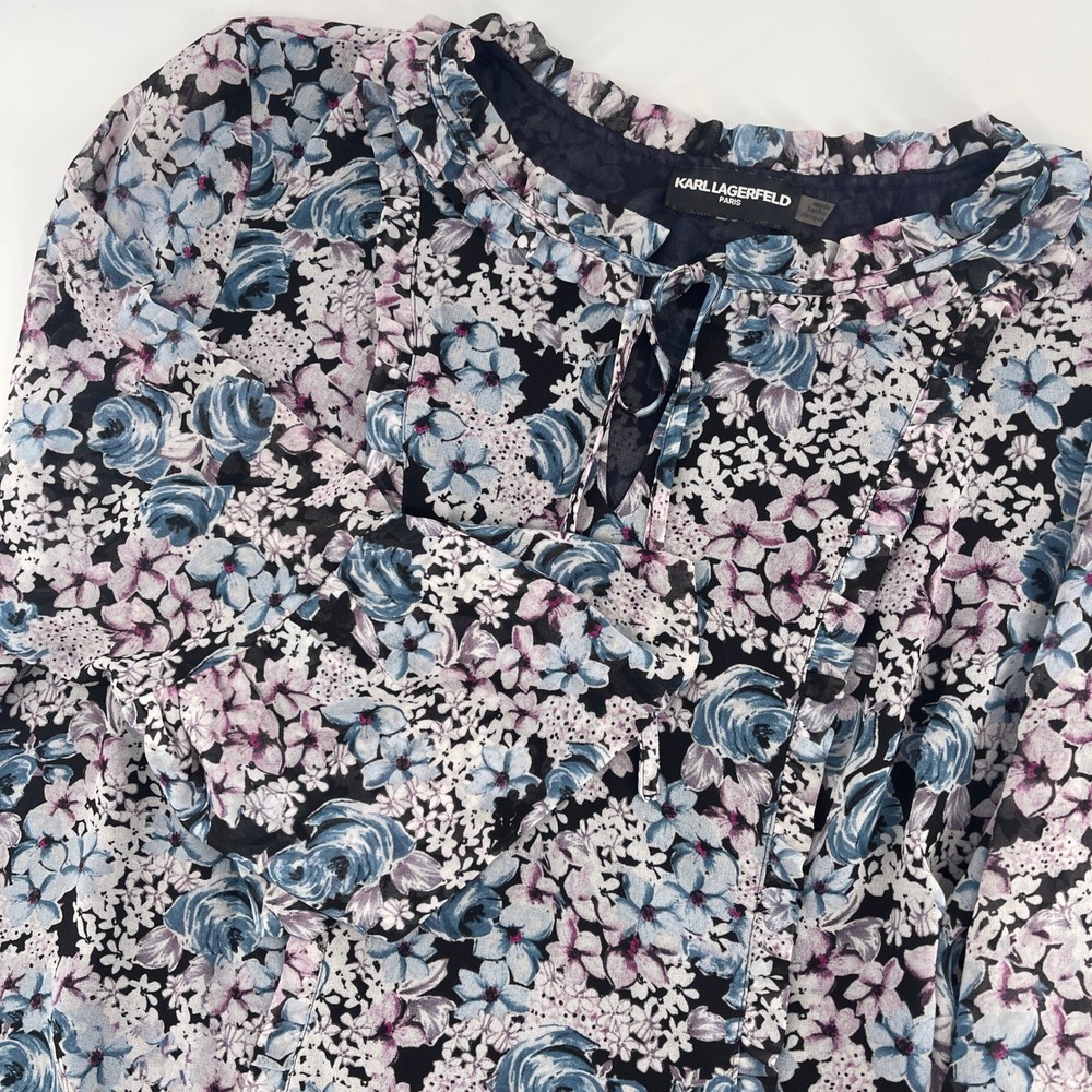 Karl Lagerfeld Floral Blouse Ruffle Neck Tie Bell Sleeve Top XL
