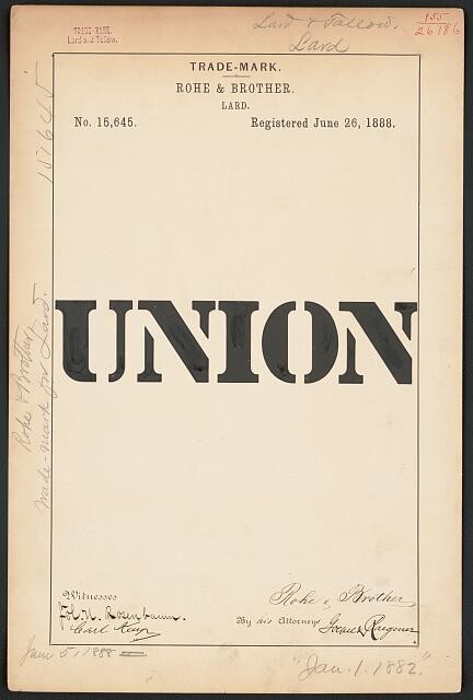 Photo:Rohe & Brother Union Lard Trademark 1888 Trade-Mark Registration
