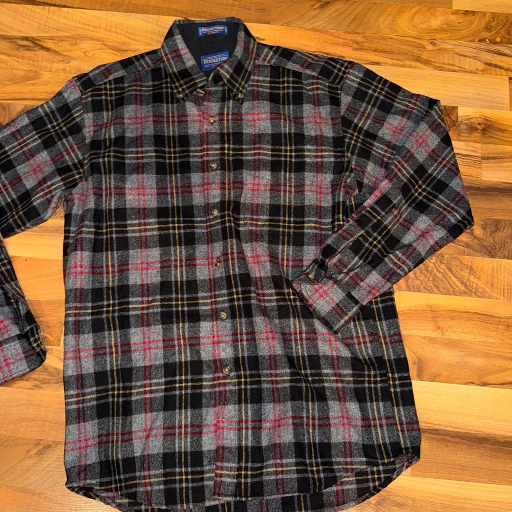Pendleton Fireside Shirt Mens Plaid Wool Button Up Flannel Gray Red Black camp