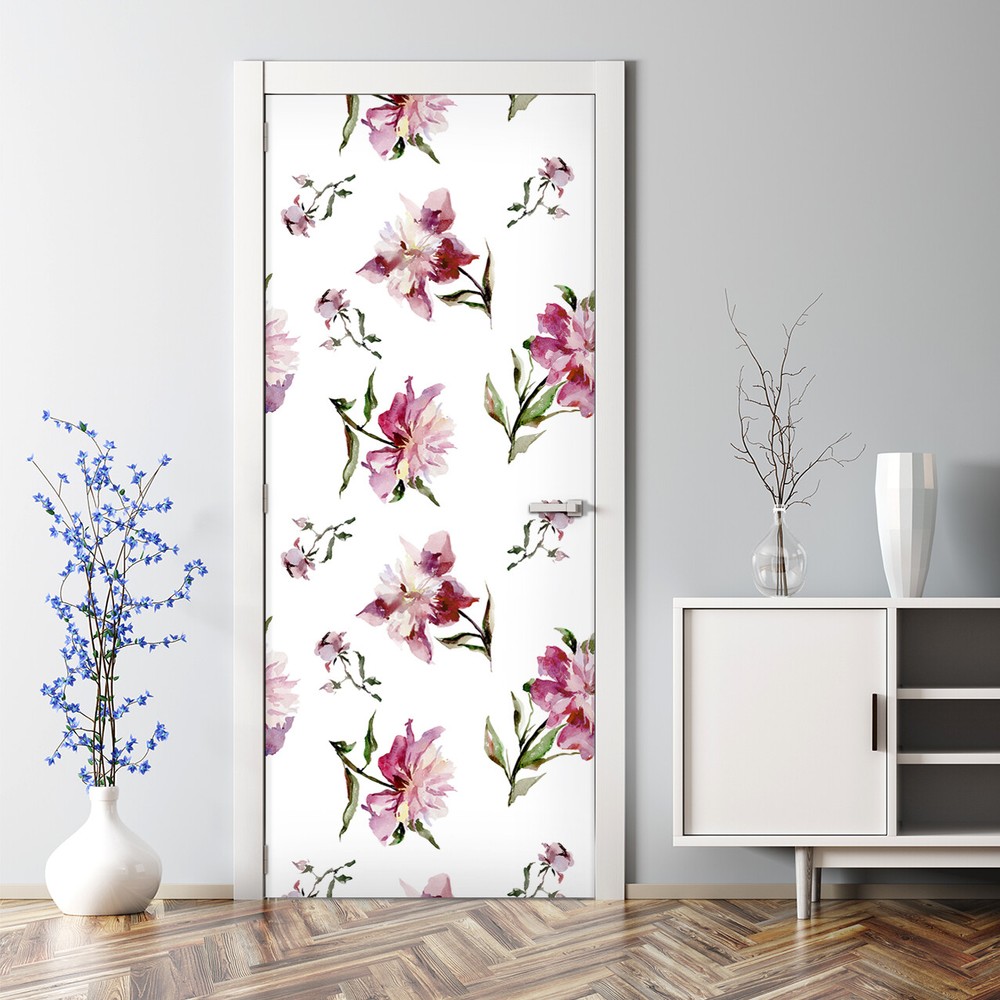 Bubble Free Door sticker Peonies Floral Wall Covering Watercolour Art Home Decor