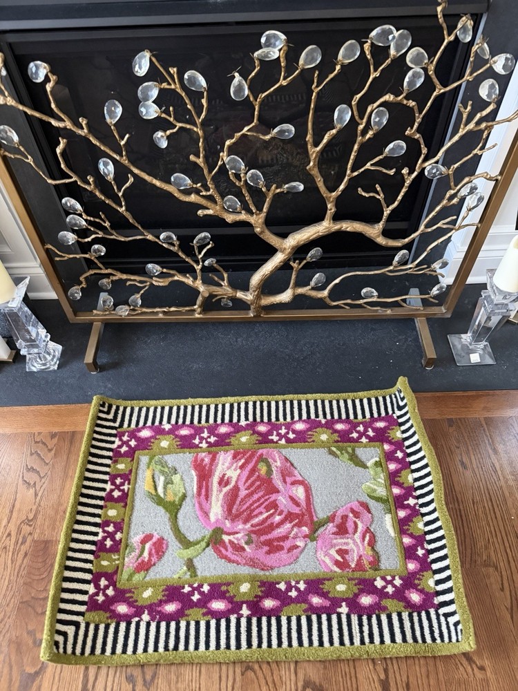 Retired Mackenzie Childs Courtly Stripe Pink Tulip “Summerhouse” Wool Rug NIP