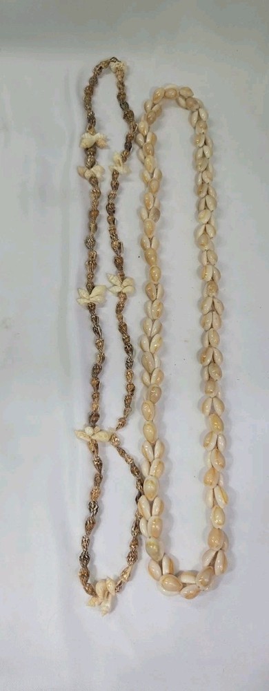 Vintage Lot of 2 - White Shell Hawaiian Style Leis w/ Cockle, Cowrie + Shells