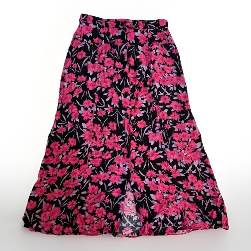 Sag Harbor Maxi Skirt Women Size S Button Closure Pink Black Floral Print
