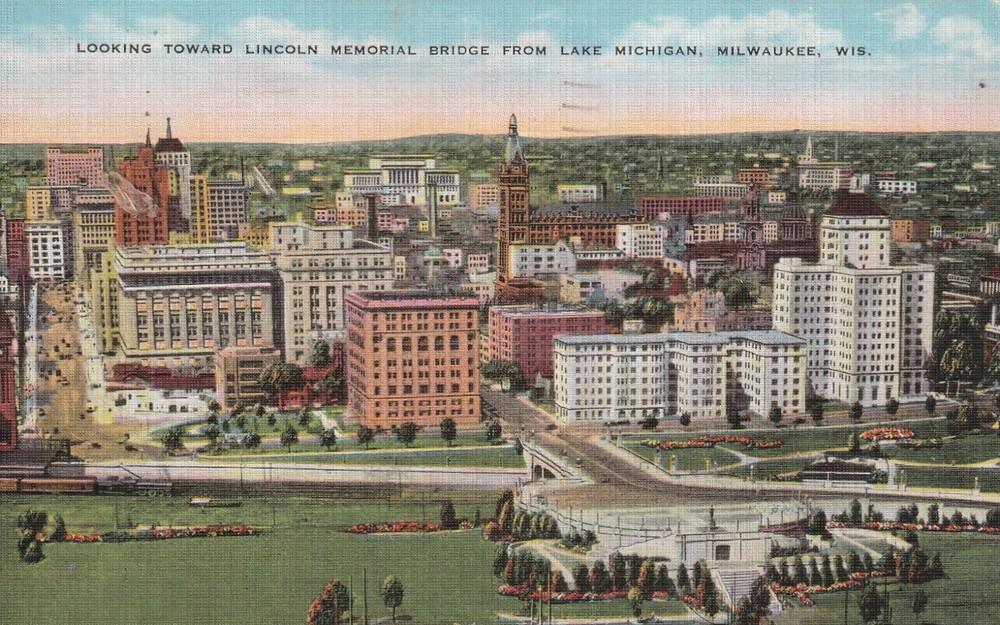Milwaukee WI Looking toward Lincoln Memorial Bridge,Lake Michigan Wisconsin