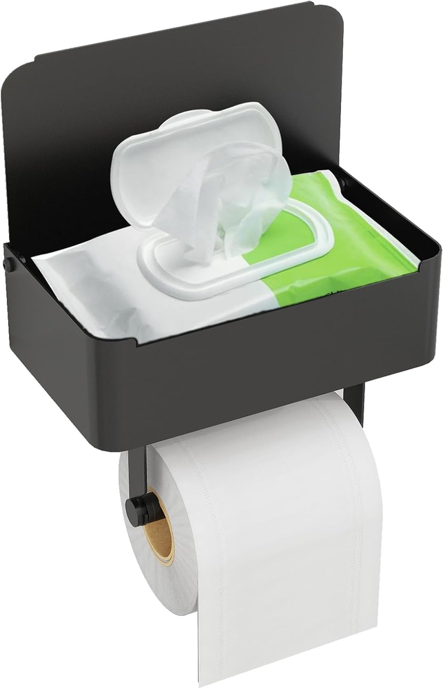Toilet Paper Holder with Shelf, Flushable Wipes Dispenser Fits for Bathroom Wipe