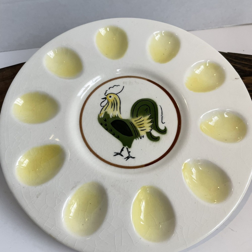 Vintage MCM DEVILED EGG PLATE Relish Dish Country Farmhouse Rooster Chicken