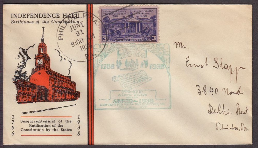 1938 Constitution Ratification Sc 835-2 FDC with Linprint cachet, hand cancel