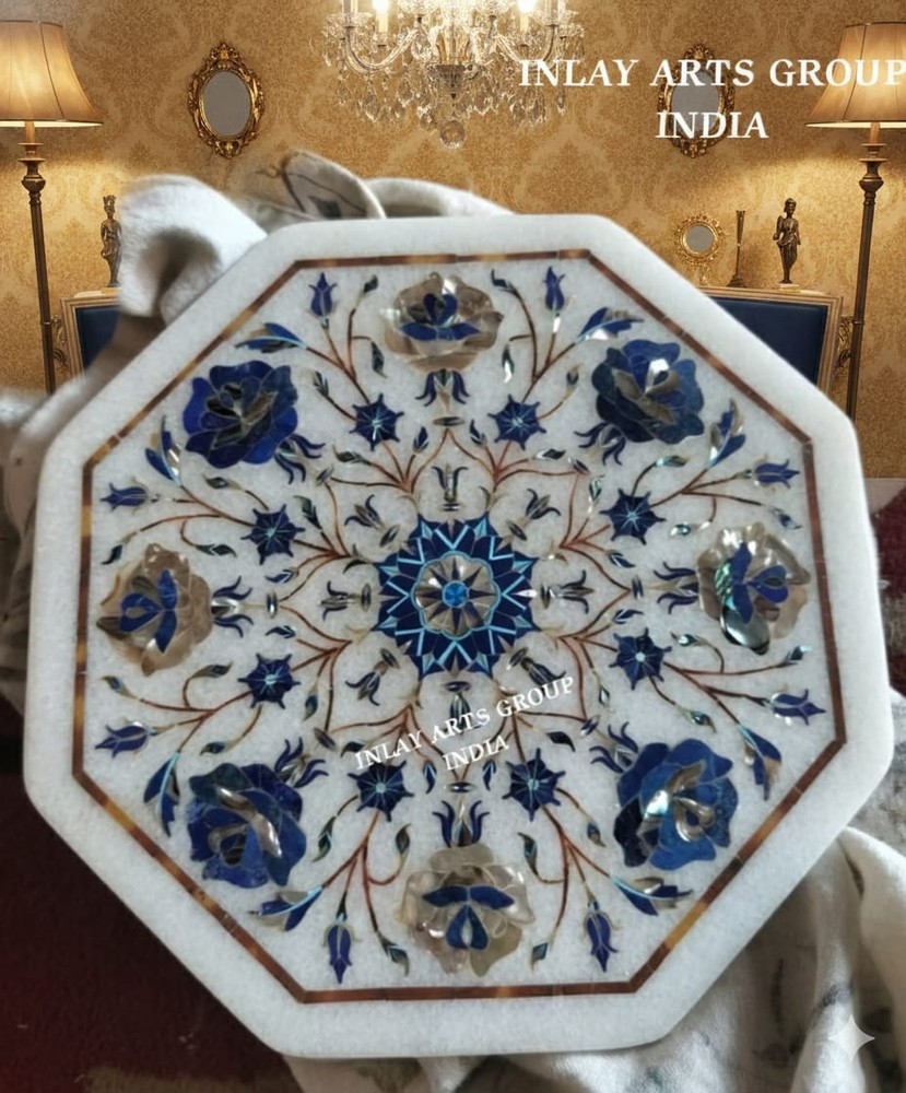 Handmade Marble Lapis Lazuli Inlay Side Table Top | Blue Floral Pietra Dura Art