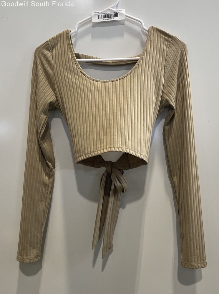 Forever 21 Womens Beige Ribbed Long Sleeve Scoop Neck Back Tie Cropped Top Sz S