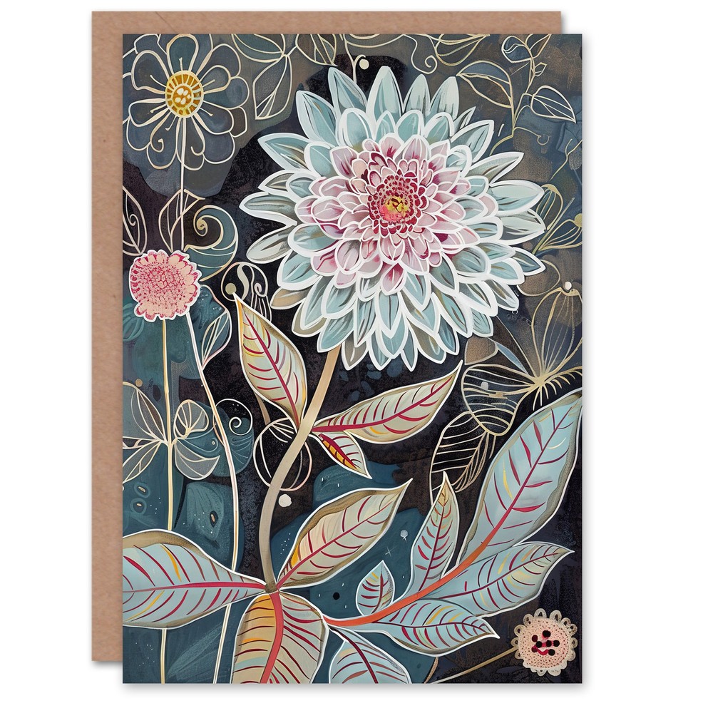 Greeting Card Dahlia Flowers Artwork Dark Enchanted Floral Blank Birthday