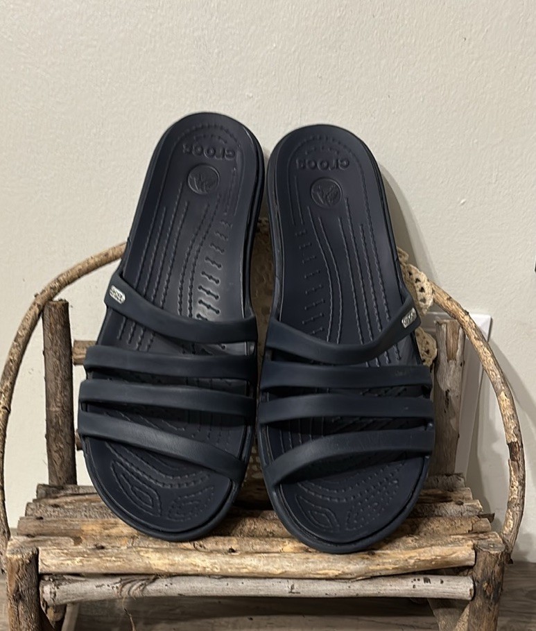 Crocs Rhonda Sandals Women's 8W NAVY Comfort Strappy Wedge Slip On Slide Beach