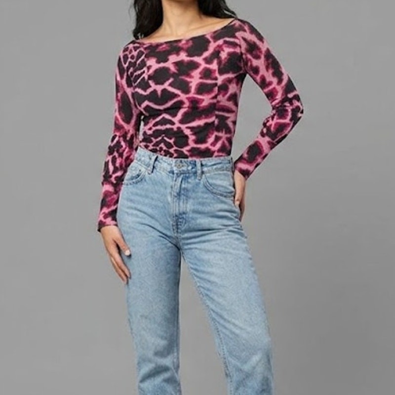 Just Cavalli Pink Leopard Mesh Top S Boat Neck Sheer Second Skin Archival Y2K