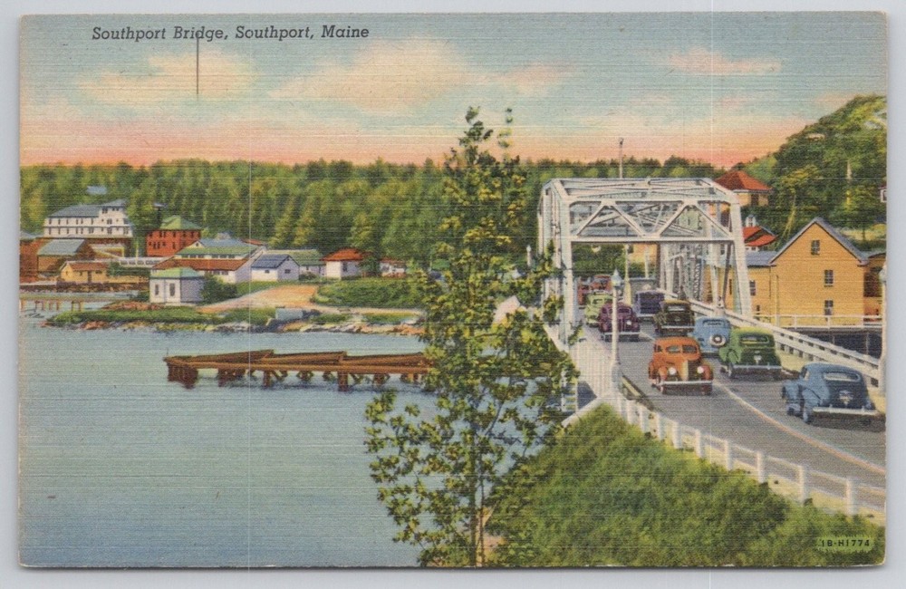 Southport Bridge Maine Vintage Postcard - Curteich C.T. Art Colortone Linen