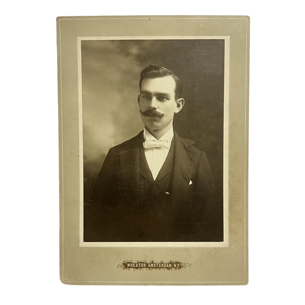 Vintage Wheaton Amsterdam NY 5x7 Cabinet Photo Handsome Man Mustache Portrait