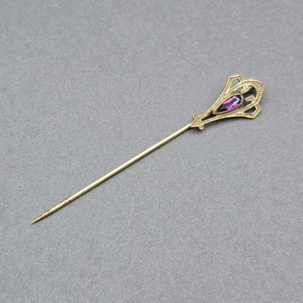 Vintage Art Deco Gold Tone Purple Glass Stick Pin 3