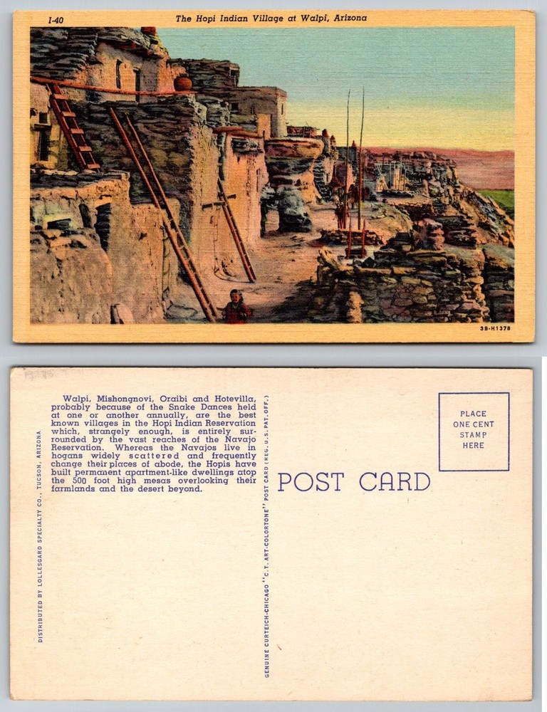 Hopi Indian Village Walpi Arizona Postcard Vintage Curteich Colortone 1940s
