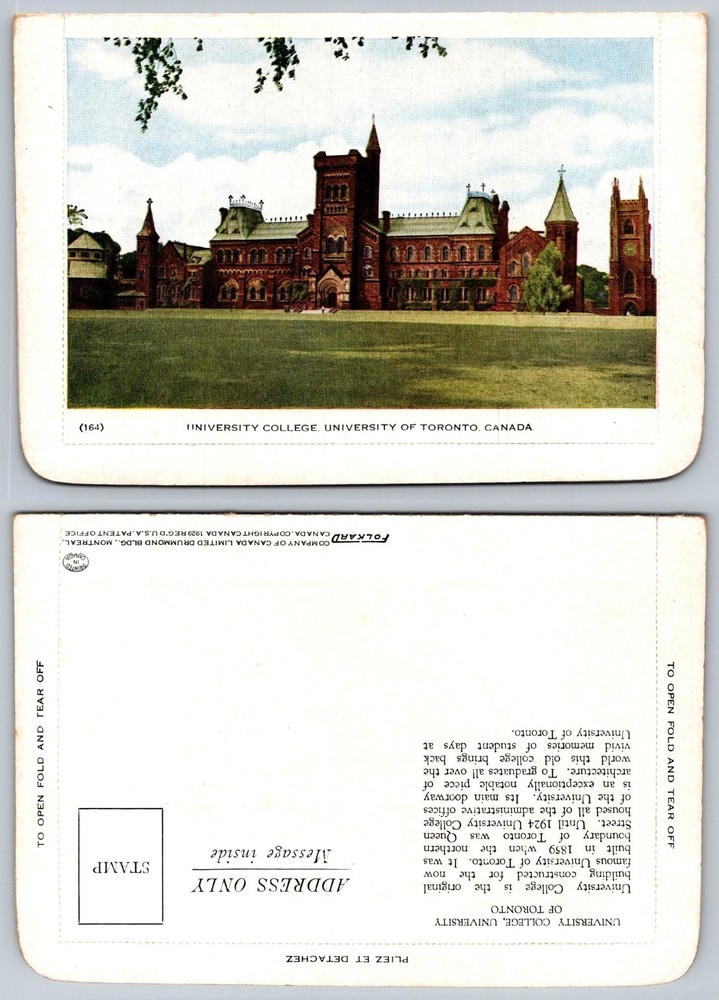 1929 University College Toronto Canada Linen Postcard Folder Folkard