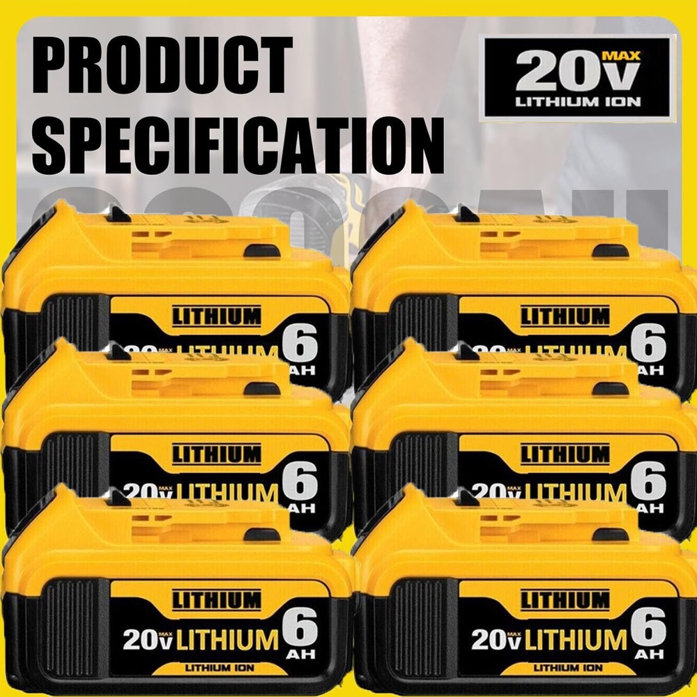 6Pack 20 Volt 6.0AH For DeWalt 20V Max Lithium Ion Battery DCB206 Replacement