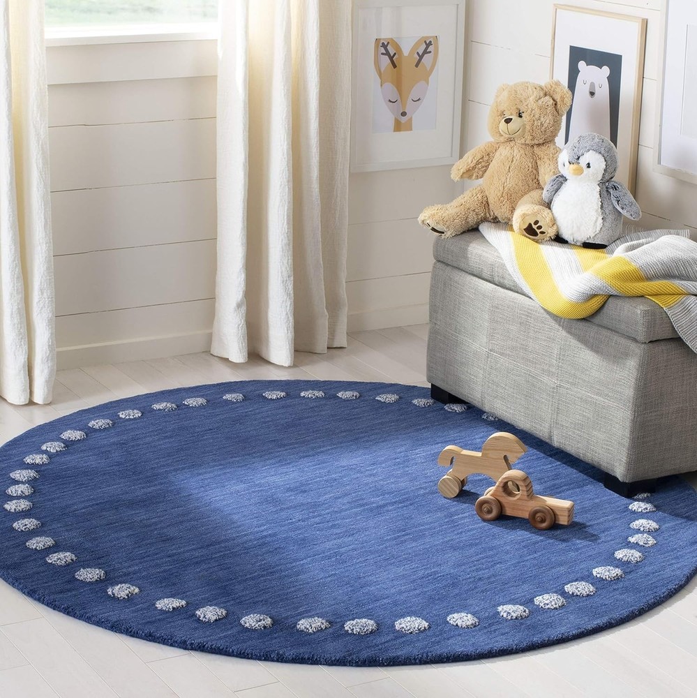 Round Navy  Handmade Polka Dot Border Wool Area Rug