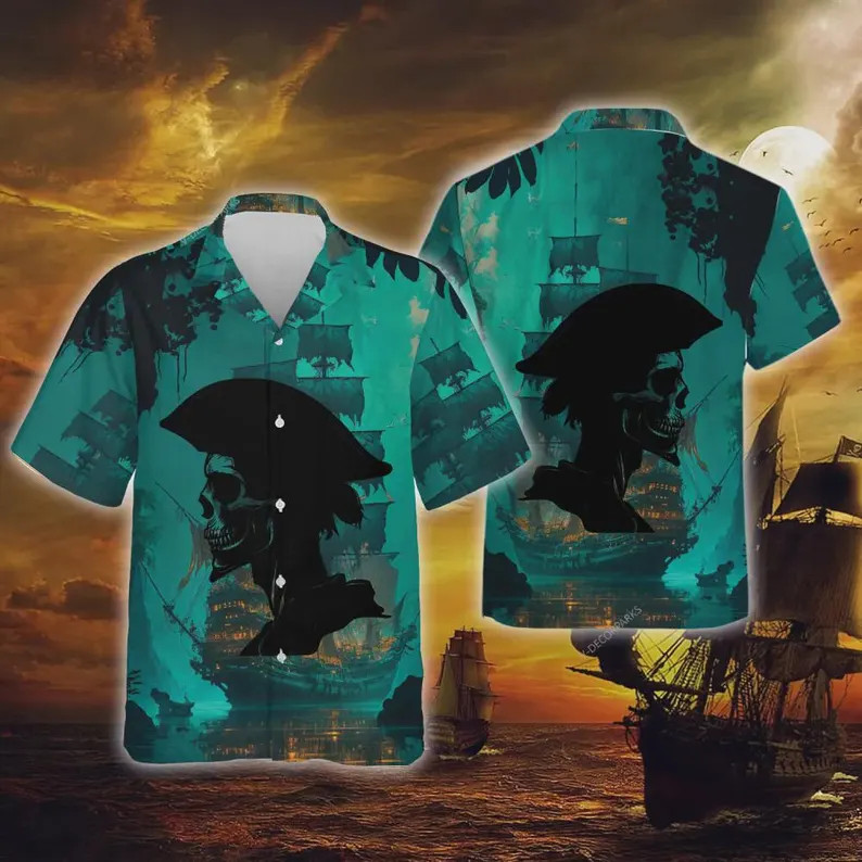 Pirate Skull Silhouette Hawaii Shirt Men Women Beach Aloha Button Up