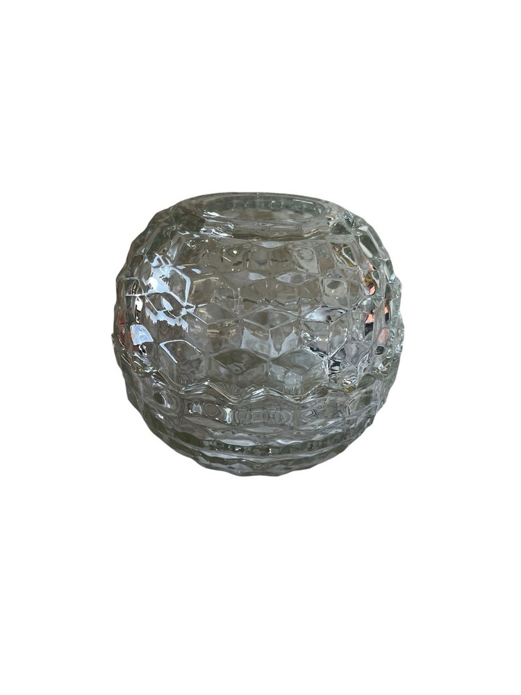 Homco Fostoria American Clear Glass Round Fairy Lamp Candle Holder Cubist