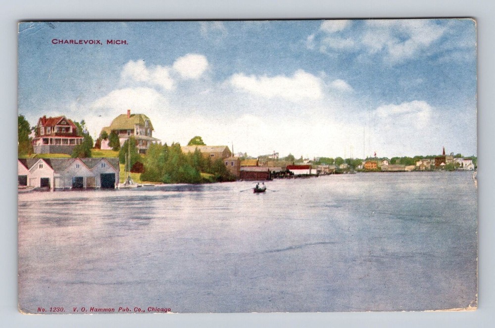 Charlevoix MI-Michigan, Boating on River, Antique Vintage Souvenir Postcard