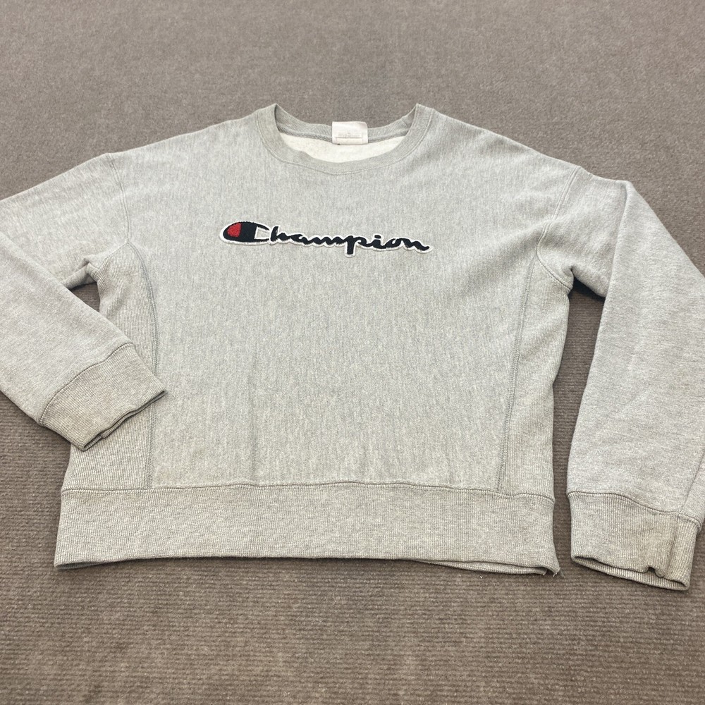 Vintage Champion Reverse Weave Sweatshirt Womens Small Gray Black Embroidered