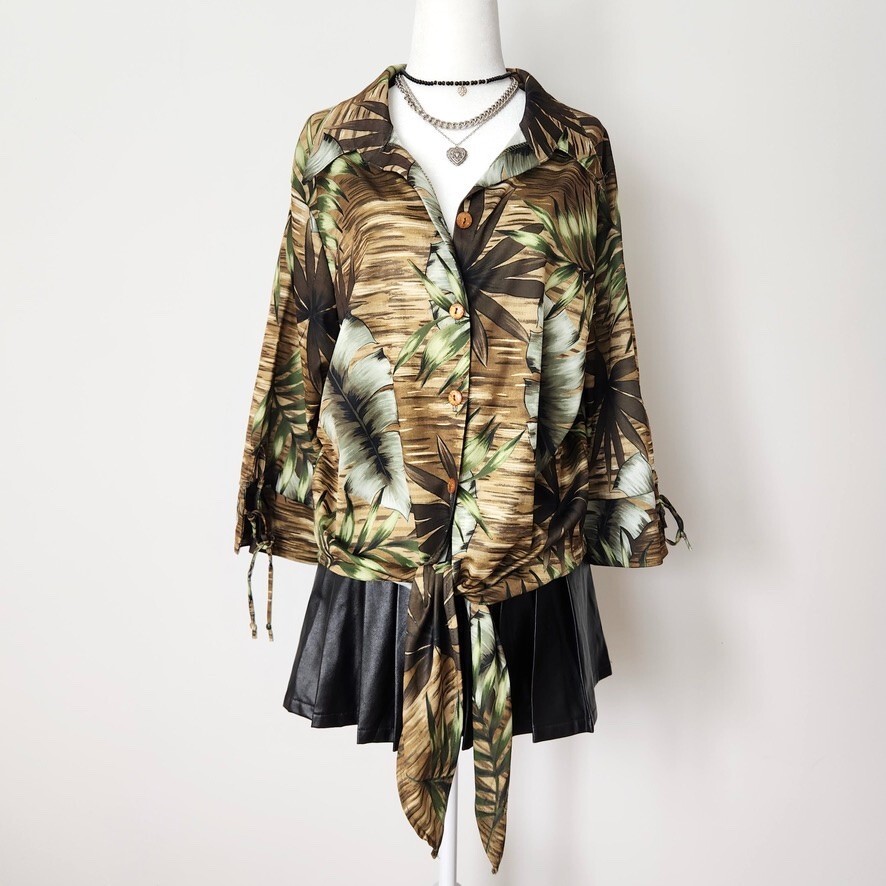 70s Vintage Tropical Monstera Leaf Print Boho Blouse Green Botanical 1X Tie Front