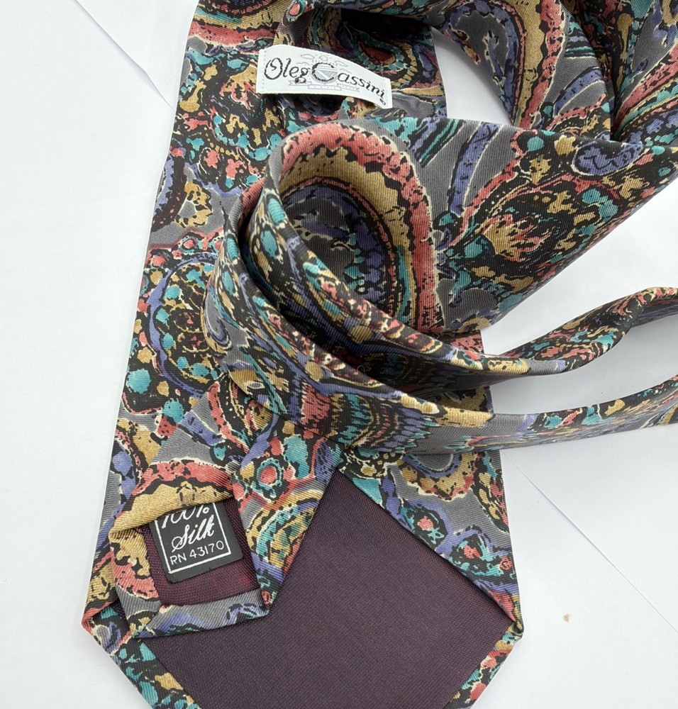 Oleg Cassini Abstract Floral Silk Necktie Vintage USA Made Wide Tie Multicolor