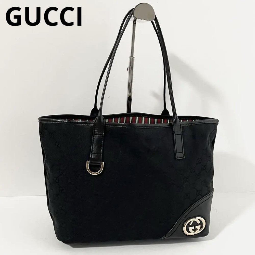 Gucci New Brit GG Canvas Leather Tote Bag Black Authentic Excellent Condition  