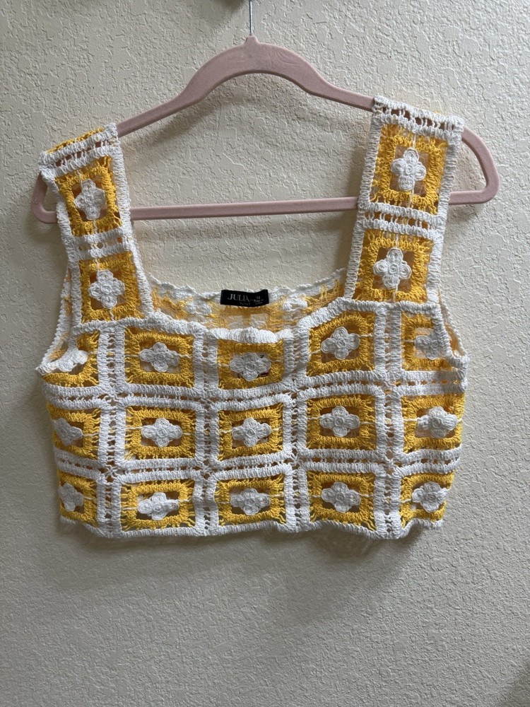 Julia by Love J Women’s Cropped Granny Square Crochet Yellow & White Top Size M