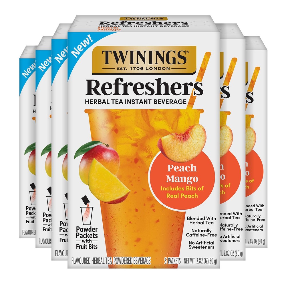 NEW Twinings Peach Mango Refreshers, Herbal Tea Instant 5 Count (Pack of 6)