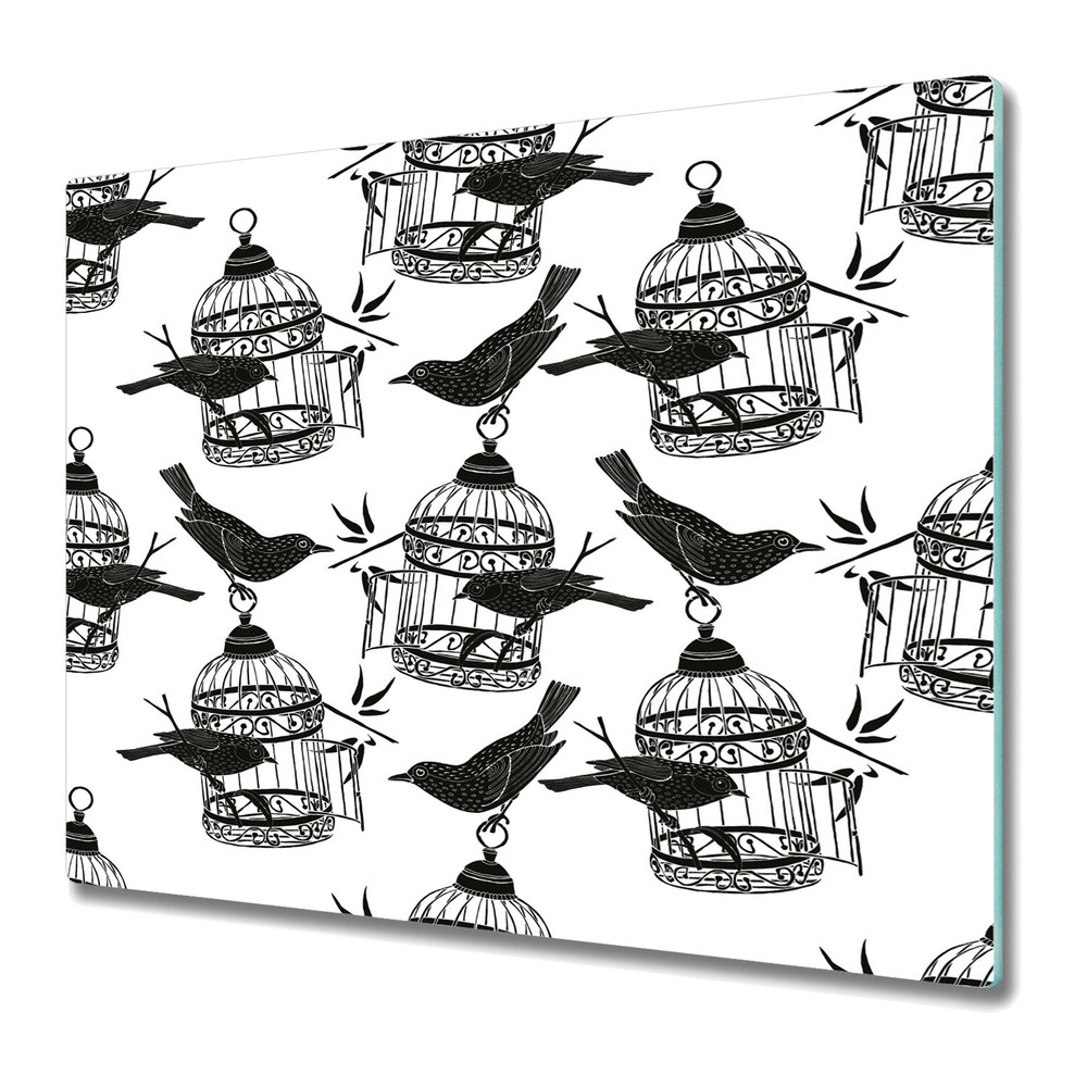 Glass Chopping Cutting Board Worktop Saver Birdcage and birds black 60x52