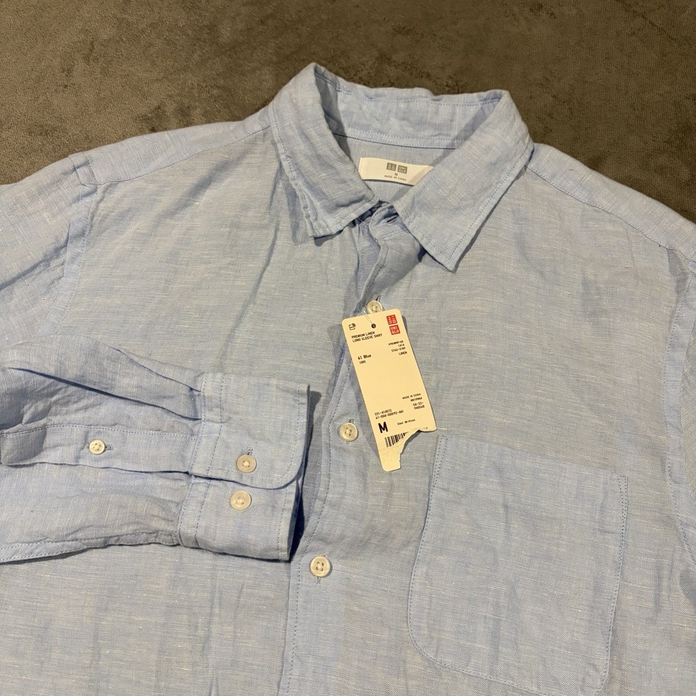 Uniqlo Shirt Mens Medium Blue 100% Linen Button Up Long Sleeve Lightweight