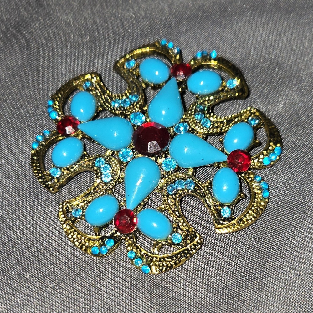 Gold Tone Flower Brooch Pin Blue & Red Teardrop Rhinestones 2.25 in