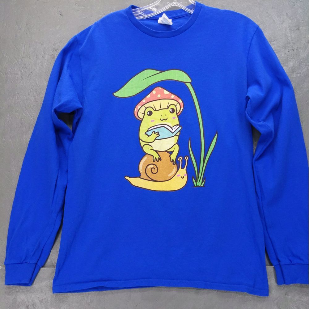 Kawaii Frog Reading Book Mushroom Snail Long Sleeve T-Shirt Size M