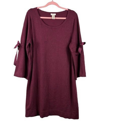 Max Studio Wool Blend Burgundy Bell Sleeve Bow Shift Dress Size XL Retro Glam