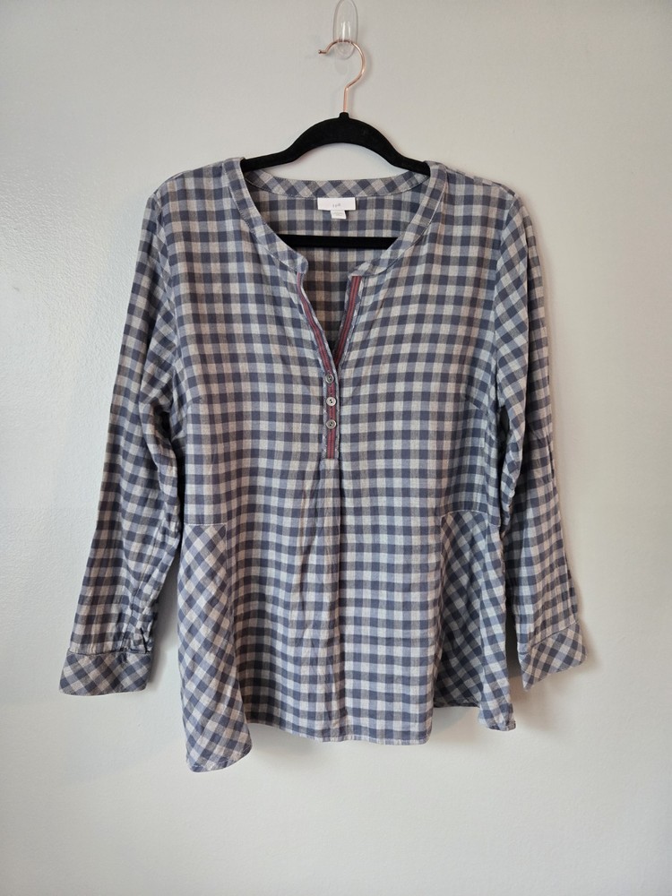 J. Jill Blue Grey Gingham Plaid Henley Blouse Cotton Peplum Top Size Large P