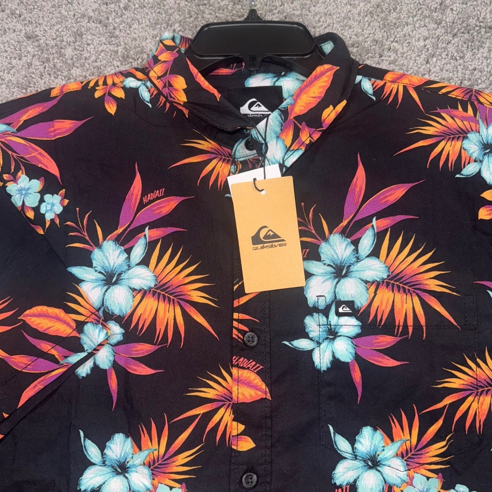 Quiksilver Mens Medium Hawaii Floral Button Up Shirt Black Blue Orange NEW