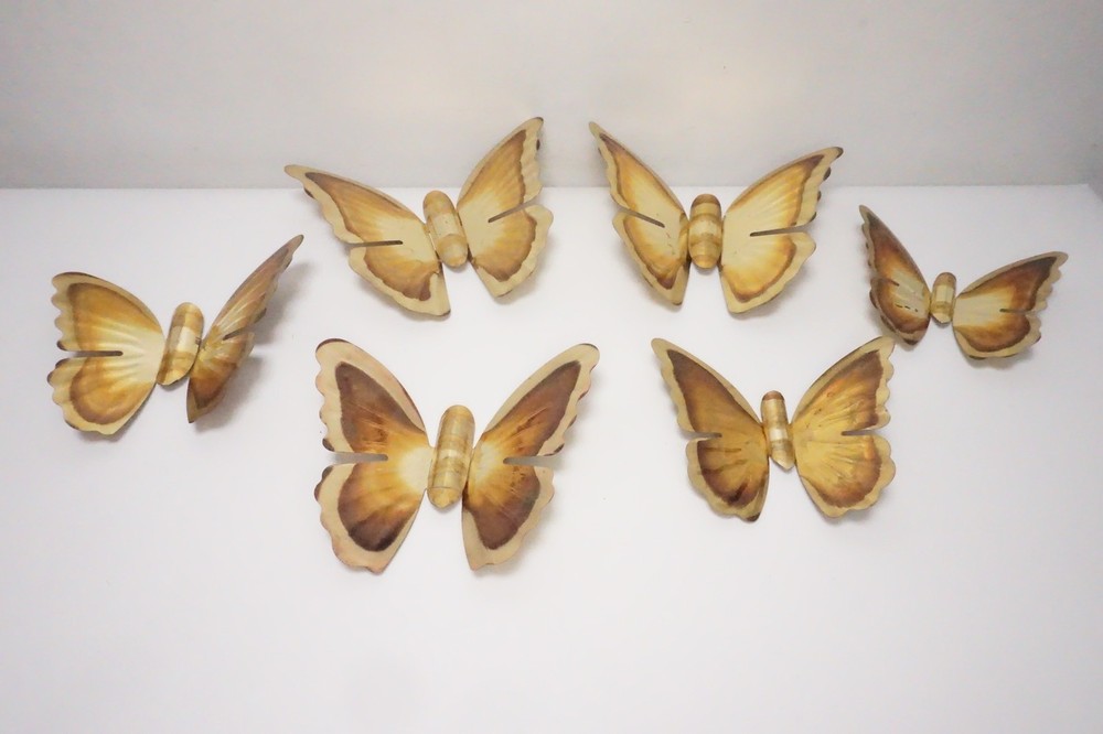 Vintage Metal Wall Decor Butterfly Butterflies Brass Gold Tone MCM Set 6
